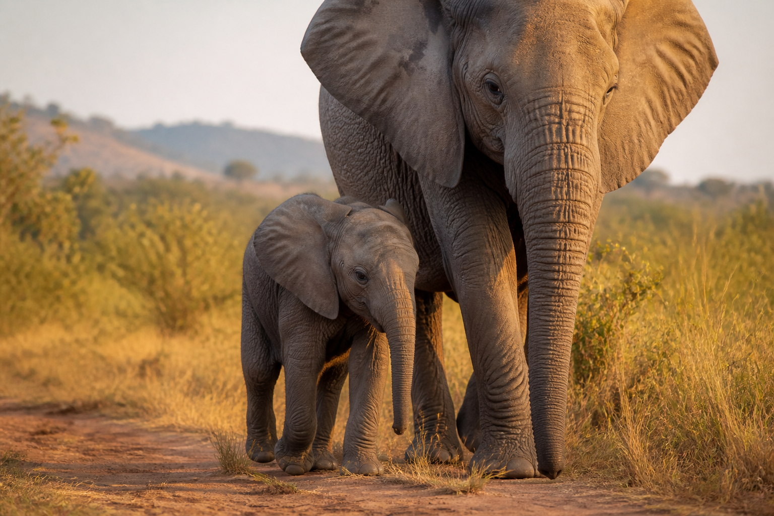 Young African elephant with an adult companion in the savanna