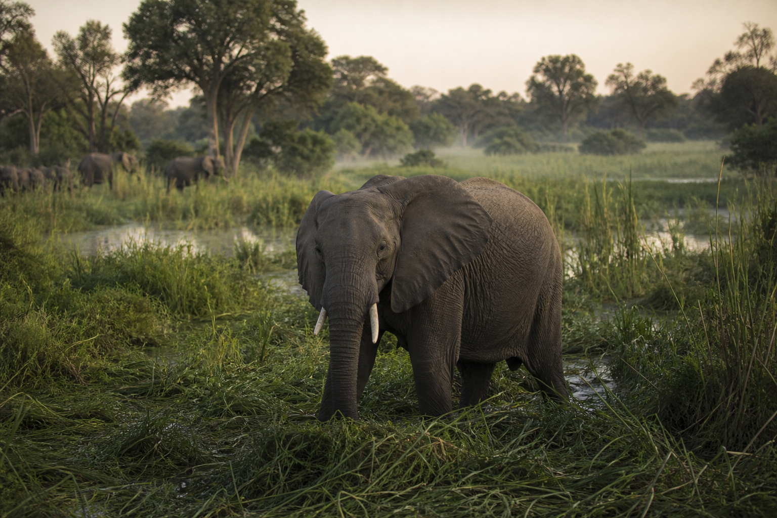 African elephants moving through a living landscape